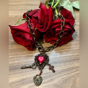 Necklace Swarovski Crystals Red Heart Cross Lock Key Brassy Gold with Extender